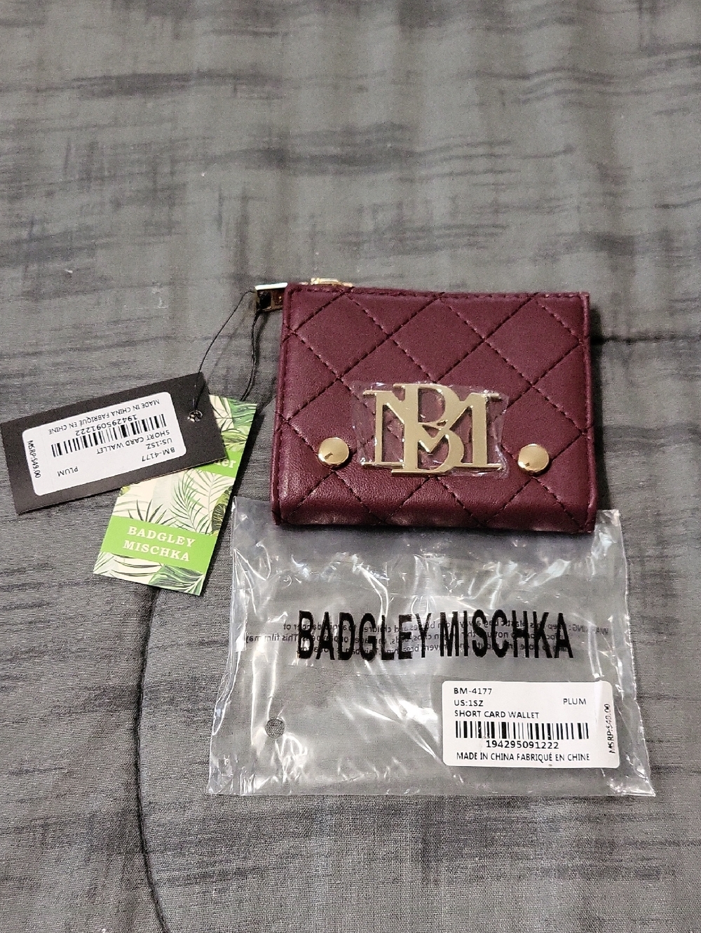 Badgley Mischka Plum Quilted Card Wallet with Gold Logo
